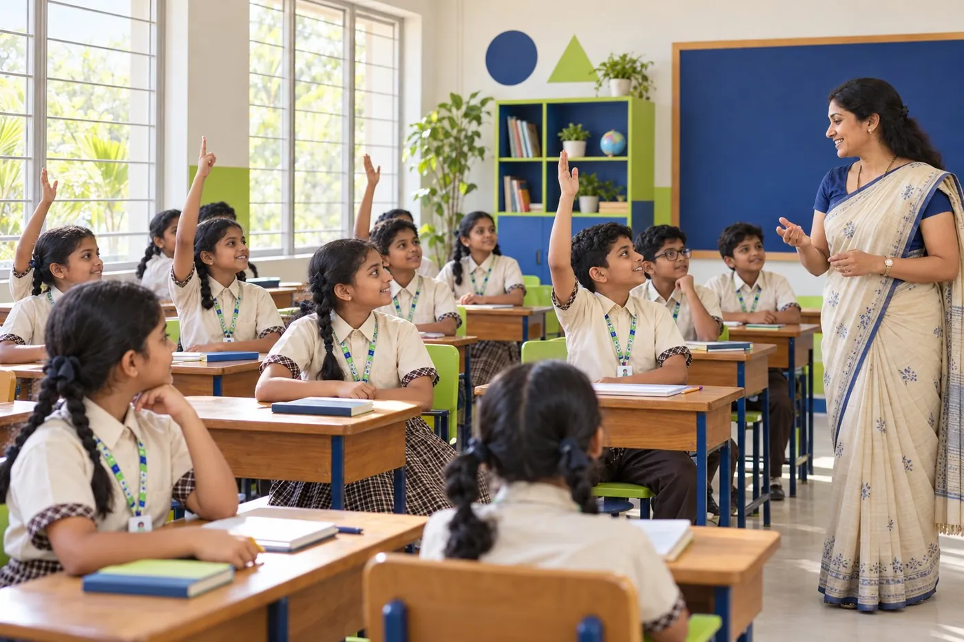 Students raising their hands in a bright classroom