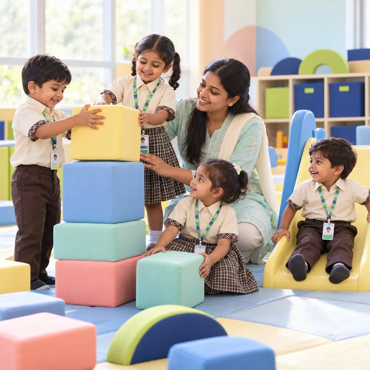 Nursery children playing with soft blocks with their teacher